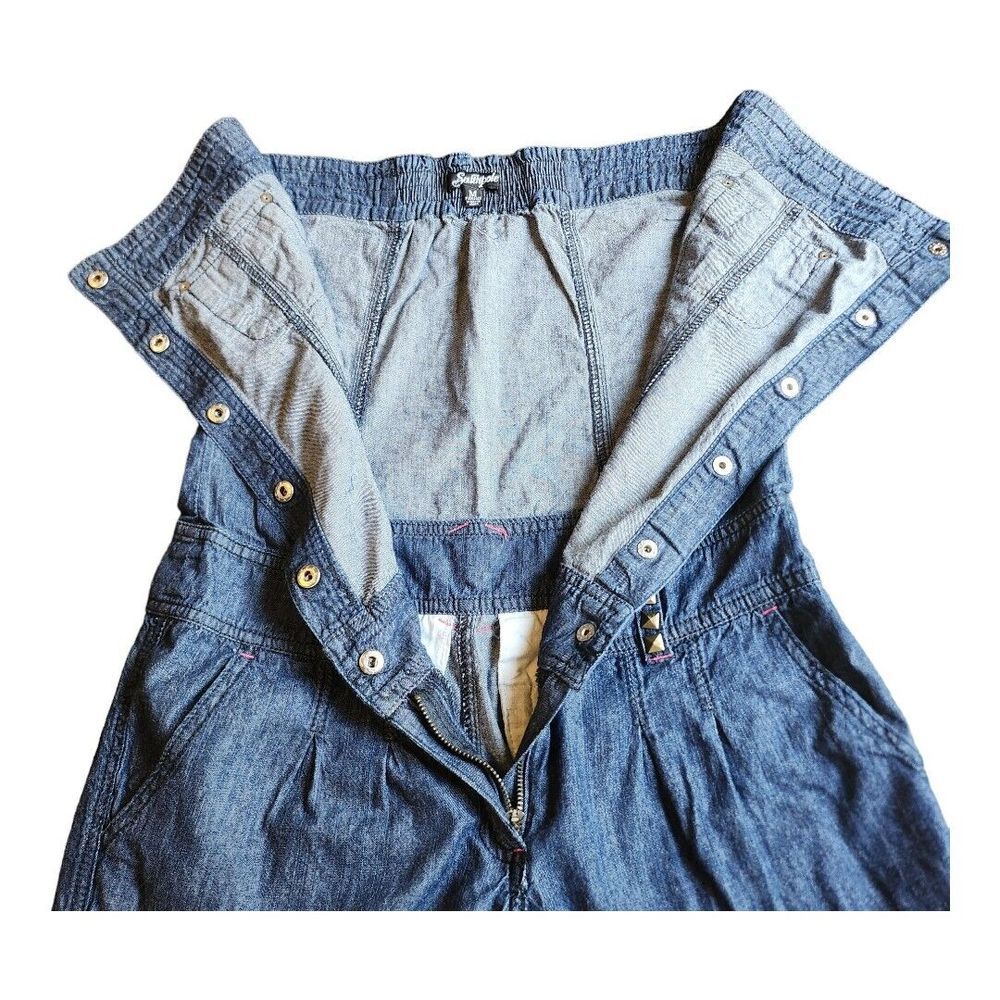 Womens Southpole Blue‎ Denim Romper Jumper Sz Medium Gold Sequin Y2K Shorts Logo - Picture 8 of 13